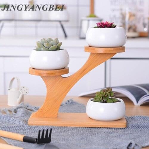1 Set White Ceramic Garden Pots Modern Flowerpot Succulent Planter Pot 3 Bonsai Planters with 3-Tier Bamboo Shelf