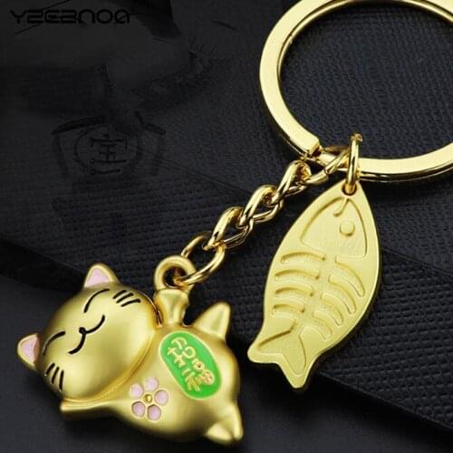 Women Kitten Lucky Cat Key Chain Key Holder Mens Car Portachiavi Chaveiro Bag Charm 3D Cat With Fish Keychain Cute Key Ring