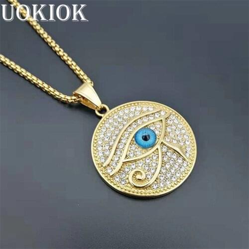 Ancient Egypt The Eye Of Horus Pendant Necklaces Gold Color Stainless Steel Iced Out Bling Round Jewelry Dropshipping