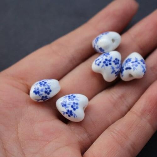20Pieces 11.6mm*12mm*8.6mm Heart Shape Ceramic Beads Flower beads Blue Blossom A for jewelry making 3704