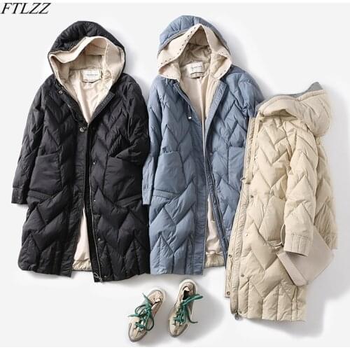 FTLZZ Winter 90% White Duck Down Long Coat Knitting Splicing Hooded Warm Jacket Splicing Color Puffer Coat Casual Fit Outwear