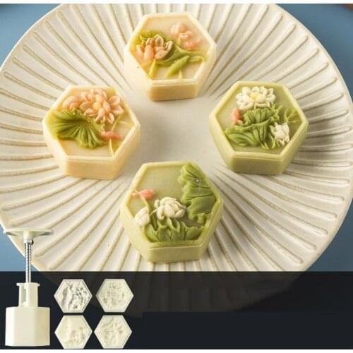 50g Mooncake Barrel Mold with 4/6 Flower Stamps Hand Press Moon Cake Pastry Mould DIY Bakeware Mid-autumn Festival