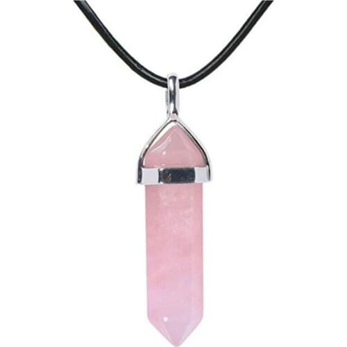 FYJS Silver Plated Hexagon Column Pendant Natural Rose Pink Quartz Necklace For Female Gift