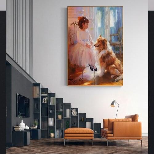 Holover Canvas Oil painting Konstantin Razumov"Cute Little Girl and dog"Realism Aesthetic Poster Wall Art Home Room Decoration