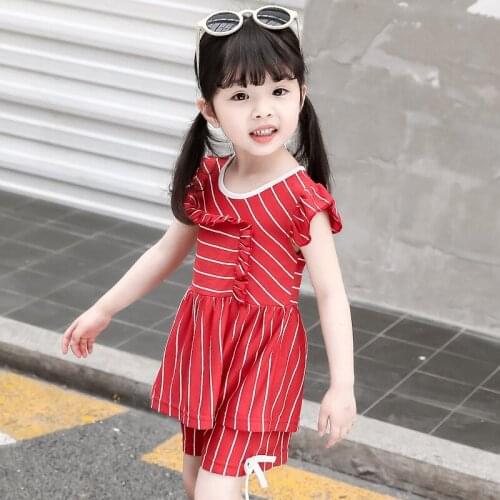 Girls cotton T-shirt shorts two-piece suit Girls Stripe T-Shirt Shorts Fashion Set Girl light and breathable cool two-piece suit