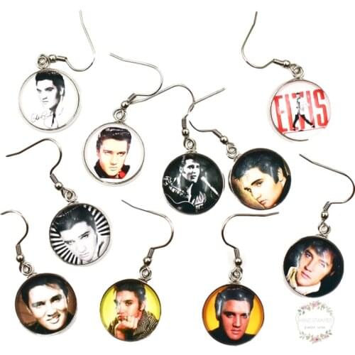1Pair Drop Earrings Round Glass Cabochon Hook Earrings Super Star Singer Elvis Stainless Steel Jewelry For Fans