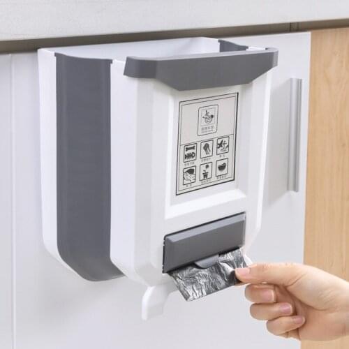 Kitchen trash can hanging household cabinet door hanging folding trash can kitchen waste paper basket