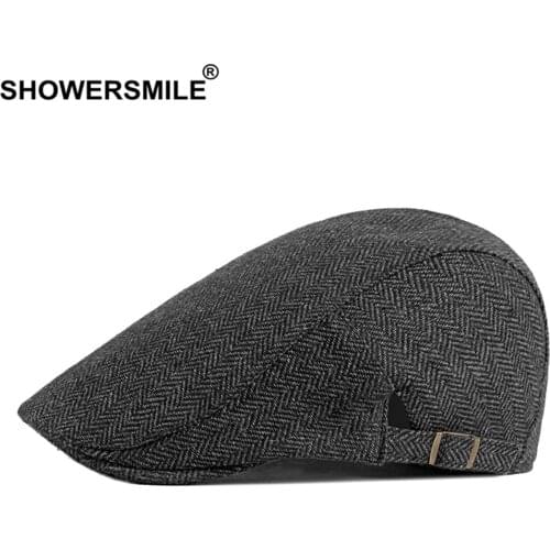 SHOWERSMILE Flat Cap Mens Beret Herringbone Irish Cap British Style Vintage Male Adjustable Black Gray Spring Autumn Cabbie Cap