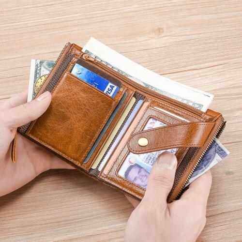 2021 Genuine Leather Men Wallet Simple Zipper Coin Pocket Short Male Purse RFID Blocking Card Holder Multifunction Small Wallets