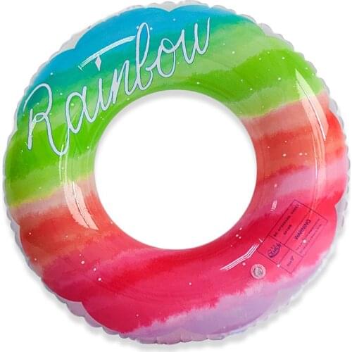 Inflatable Rainbow Swimming Rings Sequin Gradient Color Pink Blue Green Handle Swimming Circle Summer Outdoor Pool Water Toys