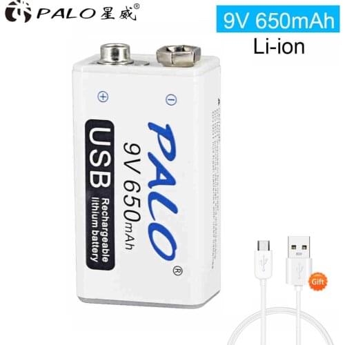 PALO USB 9V 6F22 lithium Rechargeable Battery 650mAh 1.5hour fast charging li-ion li ion liion batteries