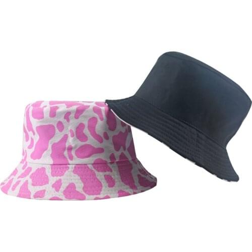 New Fall Fashion Black Pink Cow Print Bucket Hats Women Fisherman Caps Autumn