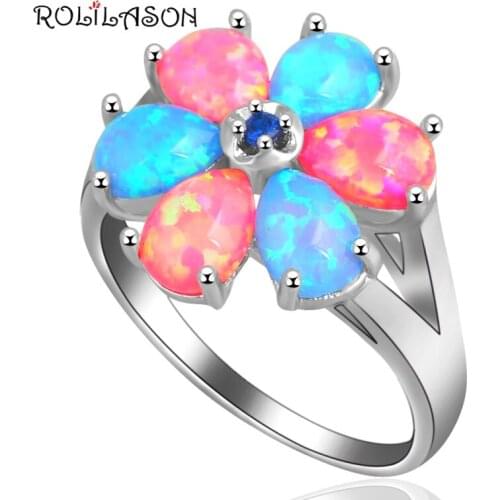 ROLILASON Lowest Price Wedding fashion jewelry for women Red and Blue fire Opal 925 Silver Stamped Rings USA size #6#7#8#9 OR603
