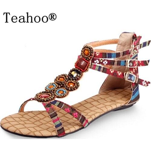 SUMMER STYLE Free shipping 2017 Flat Sandals Ankle T-strap Fashion Trend Sandals Bohemia Nation Flat Beaded Sandals Shoes Women
