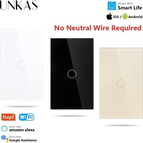 UNKAS 1 Gang Wifi Touch Light Switch No Neutral Wire Required Smart Home 220V Support Alexa Tuya 433RF Remote Glass Panel