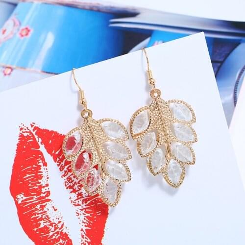 European American Exaggerated Zircon Crystal Leaf Drop Earrings Female Personality Hollow Gold Color Big Leaves Earring Jewelry