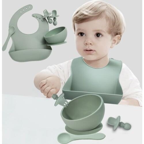 Newborn Stuff Baby Silicone Flexable Bibs Food Grade Toddler Sucker Bowl And Spoon Set Waterproof Saliva Towel For Kids