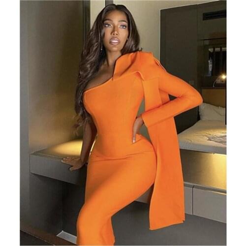 Simly Tara 2020 Winter Women Orange Bandage Dress Party Fashion Female One Shoulder Long Sleeve Bow Bodycon Dresses Vestidos