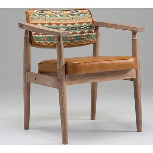 Solid wood retro old beige chair European armrest cafe restaurant dining chair study leisure chair