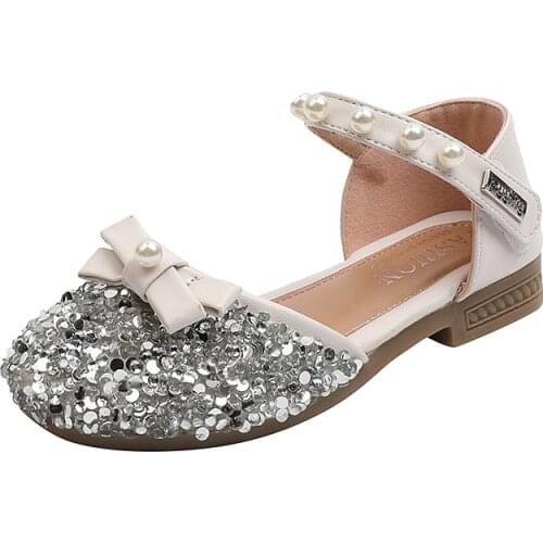 Girls Princess Shoes 2021 New Korean Soft-soled Kids Shoes Leather Crystal Dance for Party Sequined Sweet Toes-capped Hot Flats
