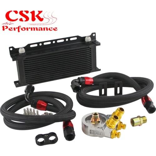 Universal 16 Row Oil Cooler+AN10 Oil Adapter w/Thermostat +Braided Hose Line Kit Silver / Black
