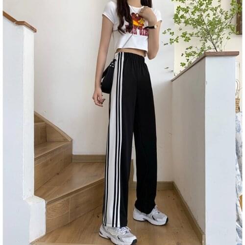 Vintage Striped Wide Leg Pants High Waist Black Straight Leg Pants Split Casual Pants Women Trousers