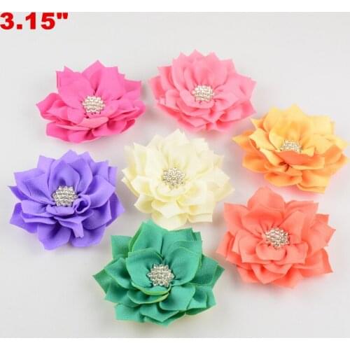 Yundfly 3PCS Artificial Lotus Leaf Flowers With Snow Rhinestone Button For Hair Accessories Fabric Flowers DIY Infant Headbands