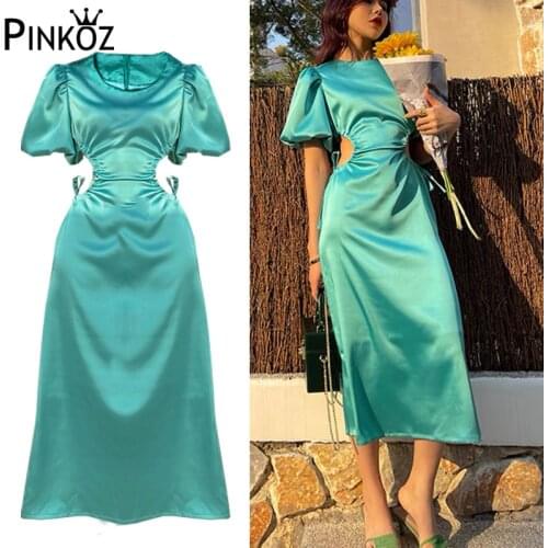Pinkoz green satin midi O-neck puff sleeve summer holiday dress party hollow out lace up sexy slim night club dresses vestidos