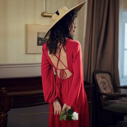 Beach Skirt Womens Summer Seaside Holiday Thailand Red Open Back Lotus Leaf Long Skirt Long Sleeve Dress