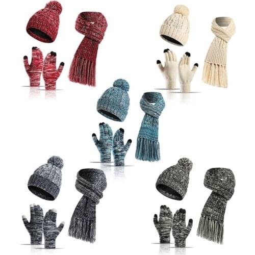 Women Winter 3Pcs Beanie Hat Tassel Long Scarf Touch Screen Gloves Set Colorful Knit Plush Lined Pompom Cap Neck Warmer