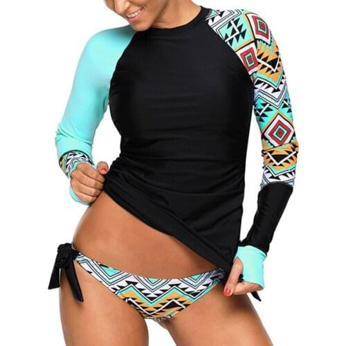 Plus Size Women Long Sleeve Print Rash Guard Contrast Swimsuit 2-Pieces Surfing Tankini Padded Separate Bathing Swimwear Bikini