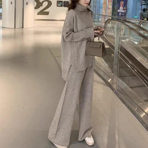 Sweater Set Women Winter Knitted Suits 2 Piece Set Soild Turtleneck Sweater + Loose Trousers Office Lady Suit 2019 Warm Pullover