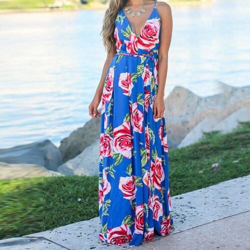 Ladies Print Floral Long Boho Bohemian Beach Summer Dress Women Sundress Sexy V-Neck Sleeveless Strap Maxi Vintage Dress Vestido