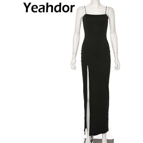 Women Spaghetti Strap Dress Bodycon Dress for Womens Sexy Split Solid Slim Lady Ankle Length Vintage Wear Femme Evening Dress