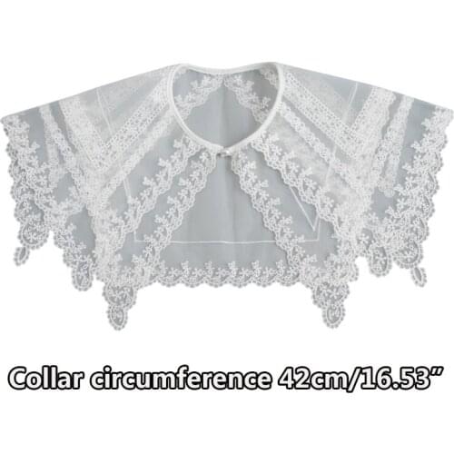 40GC European Style Embroidery Lace Fake Collar Shawl Wrap with Faux Pearl Button Double Layer Sheer Mesh Decorative Necklace