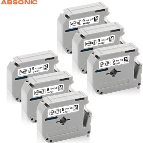 Absonic 6PCS Tape Cartridge M221 M-K221 MK221 M-221 Black on White Compatible for Labeler Brother P-Touch PT-90 PT-M95 Printer