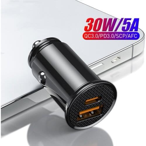 Mini PD Car Charger for iPhone Xiaomi Mobile Phone 30W 5A 3.0 Quick Charge USB PD Car Charging for iPhone 11 12 Pro Max X XS XR