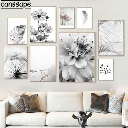 Black And White Prints Dandelion Wall Art Posters Feather Canvas Painting Bridge Poster Grass Flower Pictures Modern Home Decor