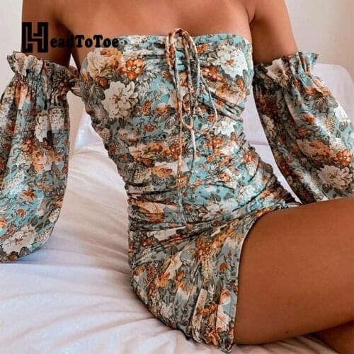 Ditsy Floral Print Sexy Off Shoulder Slash Neck Bodycon Dress Women Lantern Sleeve Skinny Above Knee Summer Dress