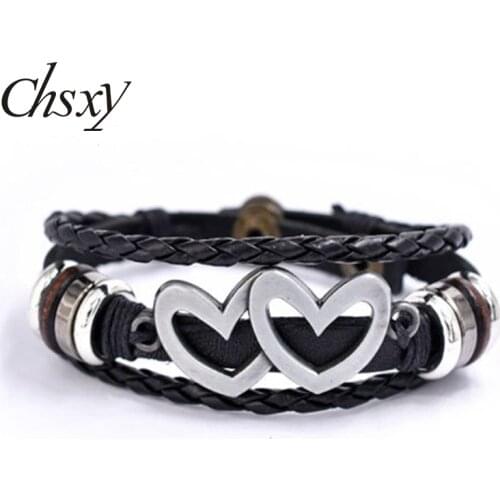 Double Love Leather Bracelet European Heart-shaped Couple Charm Metal Bracelets Multilayer Braided Wrap Fashion Fine Jewelry