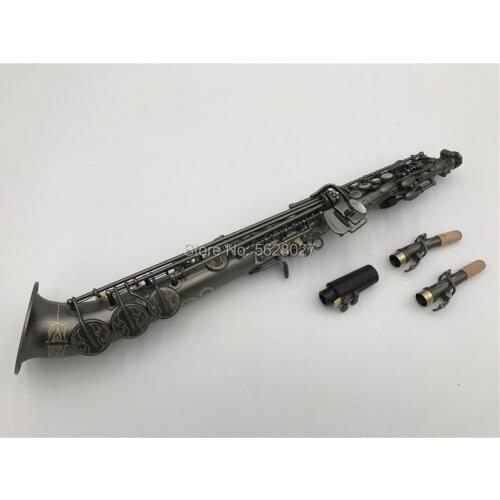 The curved shape Brass Straight B Flat Soprano Sax Saxophone Key type Matte Black gold Carve Pattern with Carrying Case