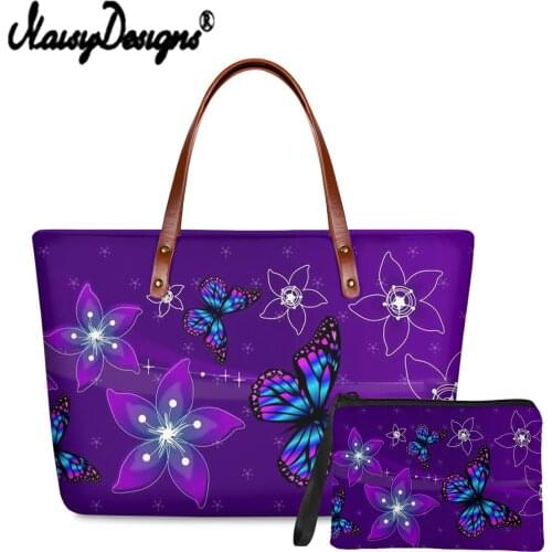Noisydesigns Purple Butterfly With Flower Pattern 2 PCS Handbag Set with Purse Wallet 2021 Women Bags handbag Cloth Ladies Totes