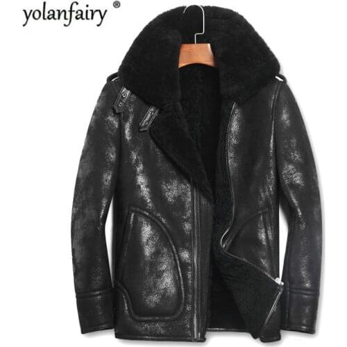 Leather Jacket Real Fur Coat Men Short Winter Coat Men Sheep Shearling Fur Coat Mens Wool Jacket Veste Homme 156-1 YY710