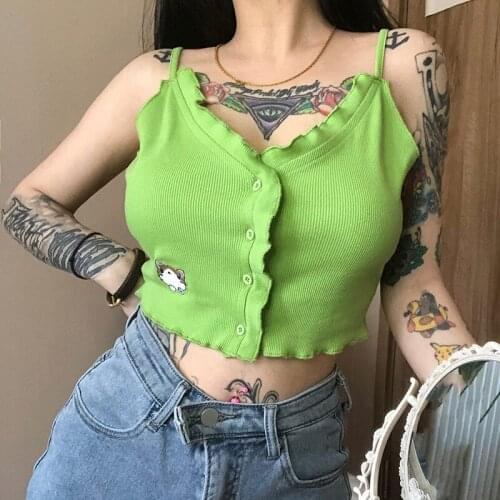 Oilfruit Green Crop Tops Summer New Embroidered Flowers Wood Ear Patchwork V-neck Sexy Spaghetti Strap 90s Fashion Summer Vests