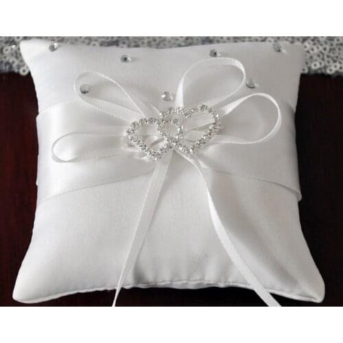 20*20cm White Double Heart Rhinestones Buckle Lace Wedding Ceremony Satin Ring Bearer Pillow