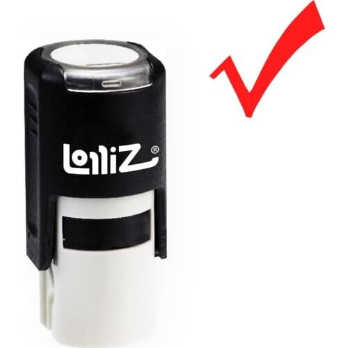 LolliZ Round Self-Inking Stamp, Check Mark Image, Teacher Stamp W/Lid, Laser Engraved Rubber, RED