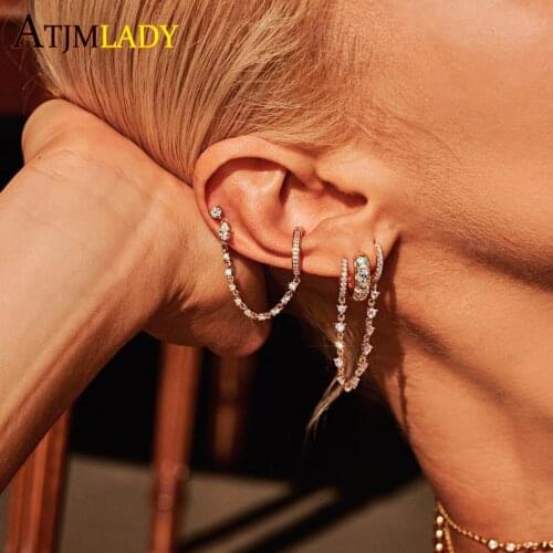 Double hole mini Gold hoops with rainbow cz station chain girlfriend gift 2019 top quality colorful charming tassel earring