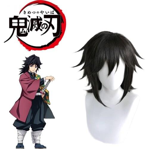 Reneecho Men Demon Slayer Cosplay Tomioka Giyuu Wig Black Synthetic Wigs Anime Accessories