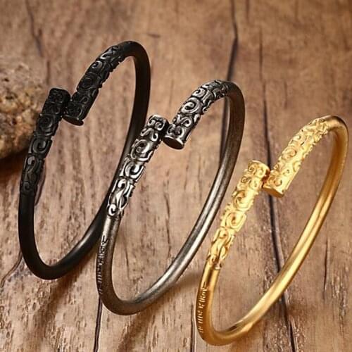 Beichong Monkey King Bar Mens Bracelets 4MM Stainless Steel Gold-color Opening Cuff Bangles For Men Gold Hoop Bar