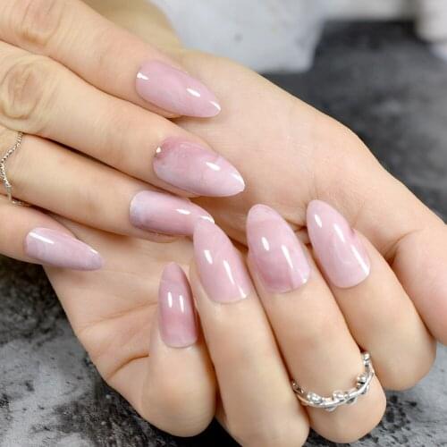 Jade Texture Pink Lovely Nails Short Press On Nails Almond Sharp False Nails Gels Tips Supplies Fingernails Set No Glue EchiQ